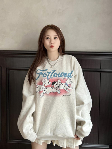 Official Photo Autumn and Winter Korean Style Thin Pullover Sweatshirt Women Cartoon Print Casual Loose Large Size Top