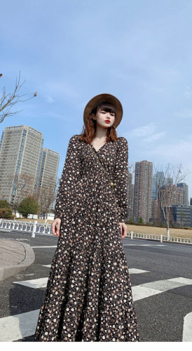 Dress for women mid-length long-sleeved spring dress floral chiffon hot mom new dress dress mid-length dress for women