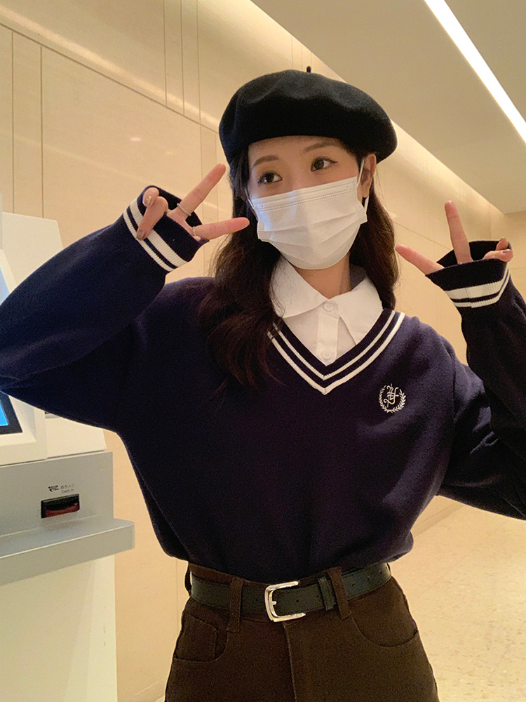 日系學院風設計感假兩件長袖針織衫女春秋新款小眾百搭顯瘦上衣服