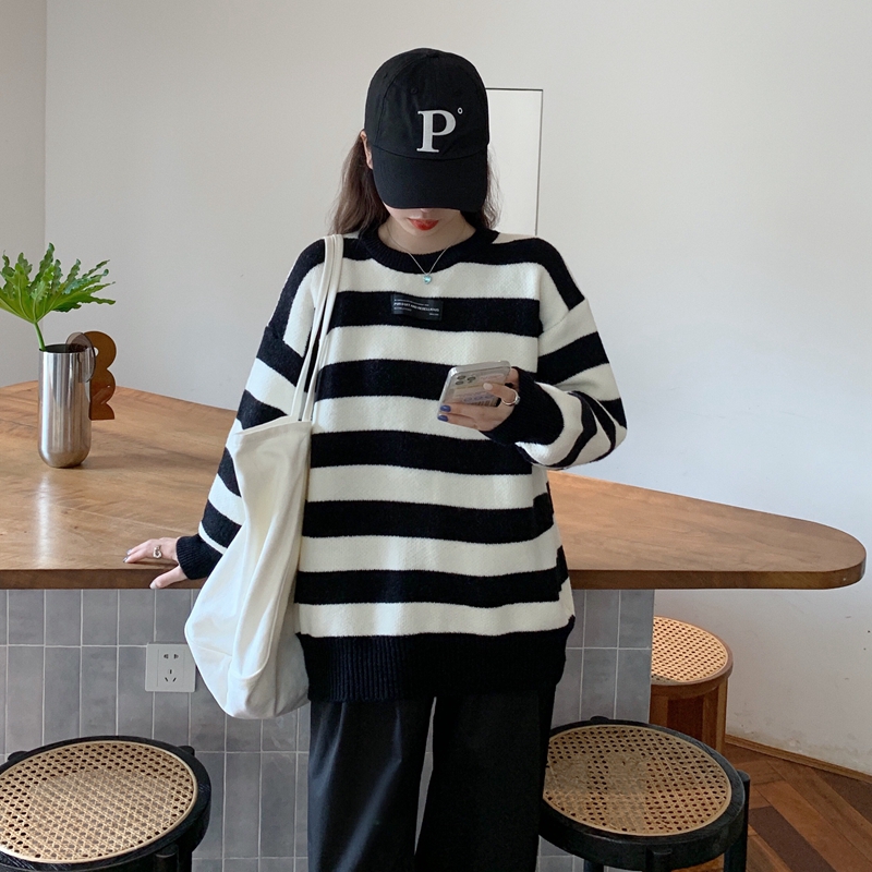 實拍秋冬裝新款慵懶風大碼女裝胖MM條紋寬鬆加厚毛衣L-4XL200斤