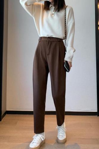 Real shot of woolen pants for women in autumn and winter, high-waisted Korean style harem pants, loose casual suit pants, nine-point carrot straight pants
