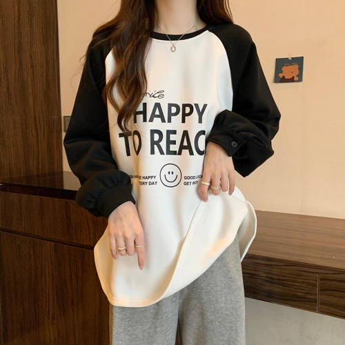 Actual shot of 380 grams Chinese cotton composite sweatshirt for women in autumn and winter plus velvet thick round neck raglan sleeve tops for women plus size