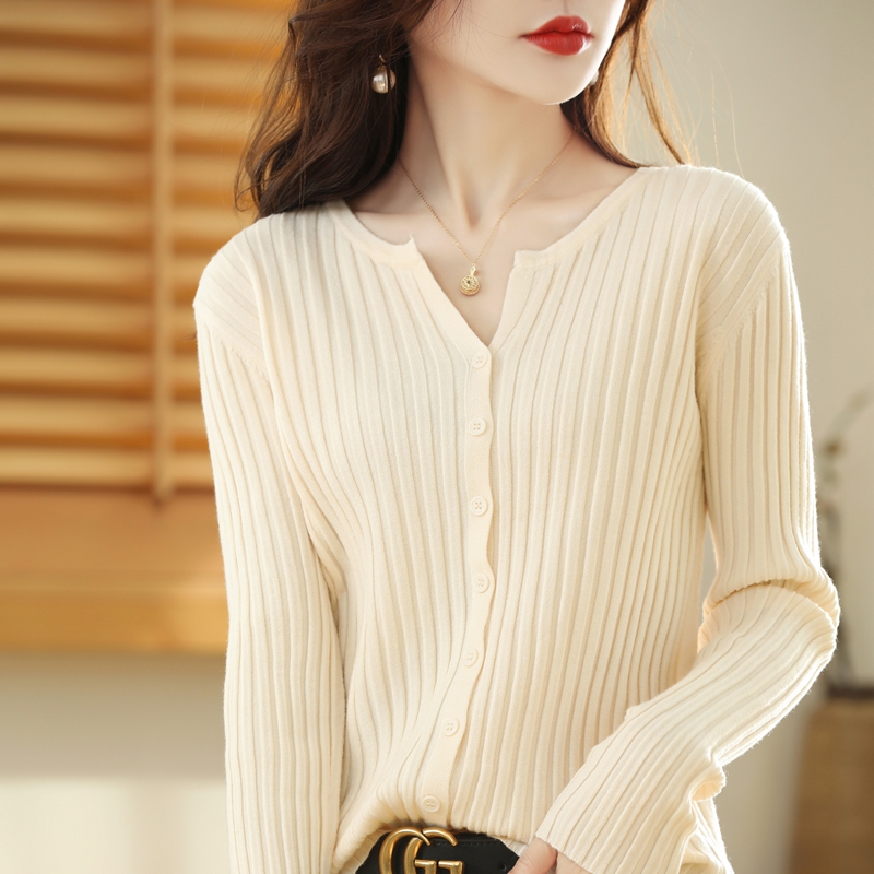 Core Spun Yarn 2023 New Solid Color Wool Cardigan Jacket Women's Round Neck Cardigan Sweater Women's Knitted Bottoming Jacket