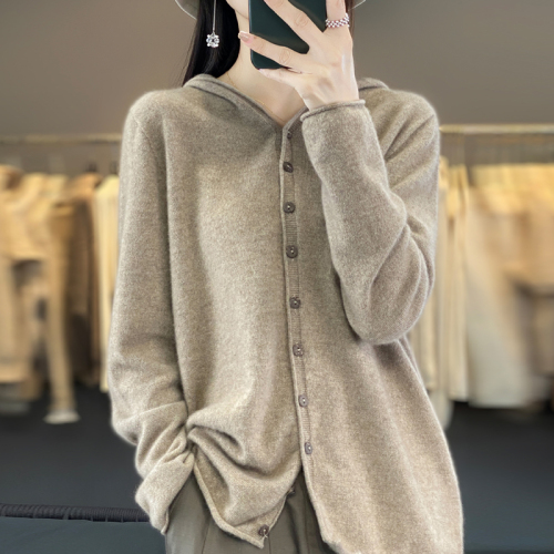 New autumn and winter 100% pure wool hooded cardigan women's solid color sweater loose hoodie coat knitted cashmere sweater