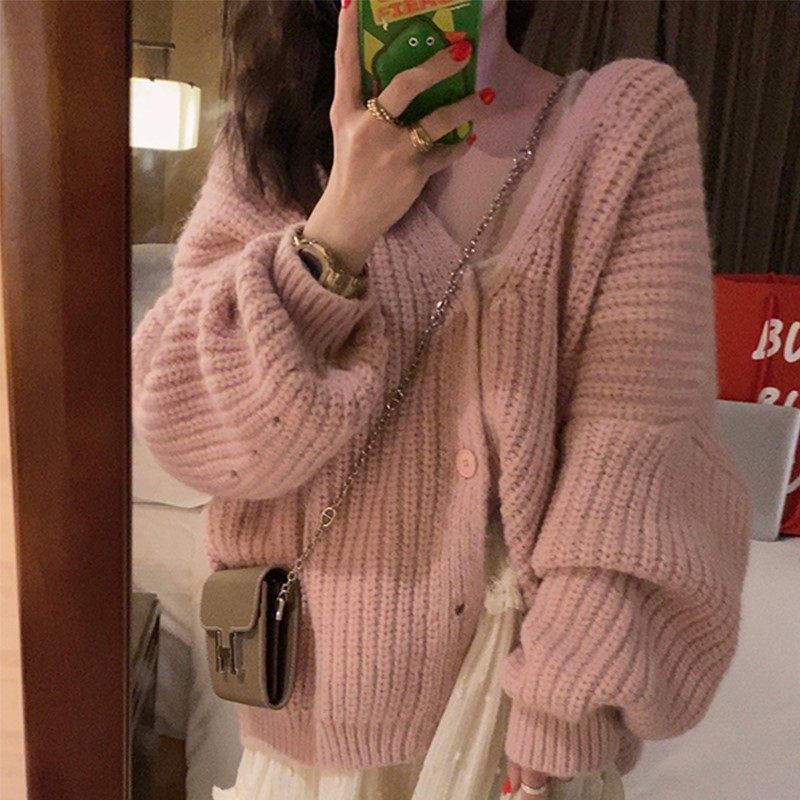 溫柔系粉色V領毛衣開衫女外穿燈籠袖寬鬆慵懶風外套