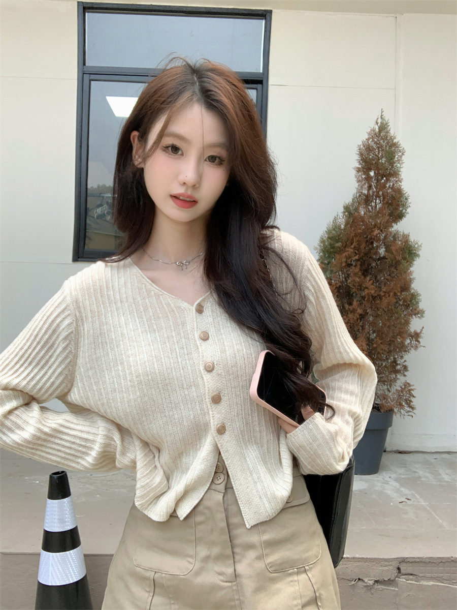 薄款V領長袖針織衫女裝秋季韓版2023新款氛圍感寬鬆短款外穿開衫