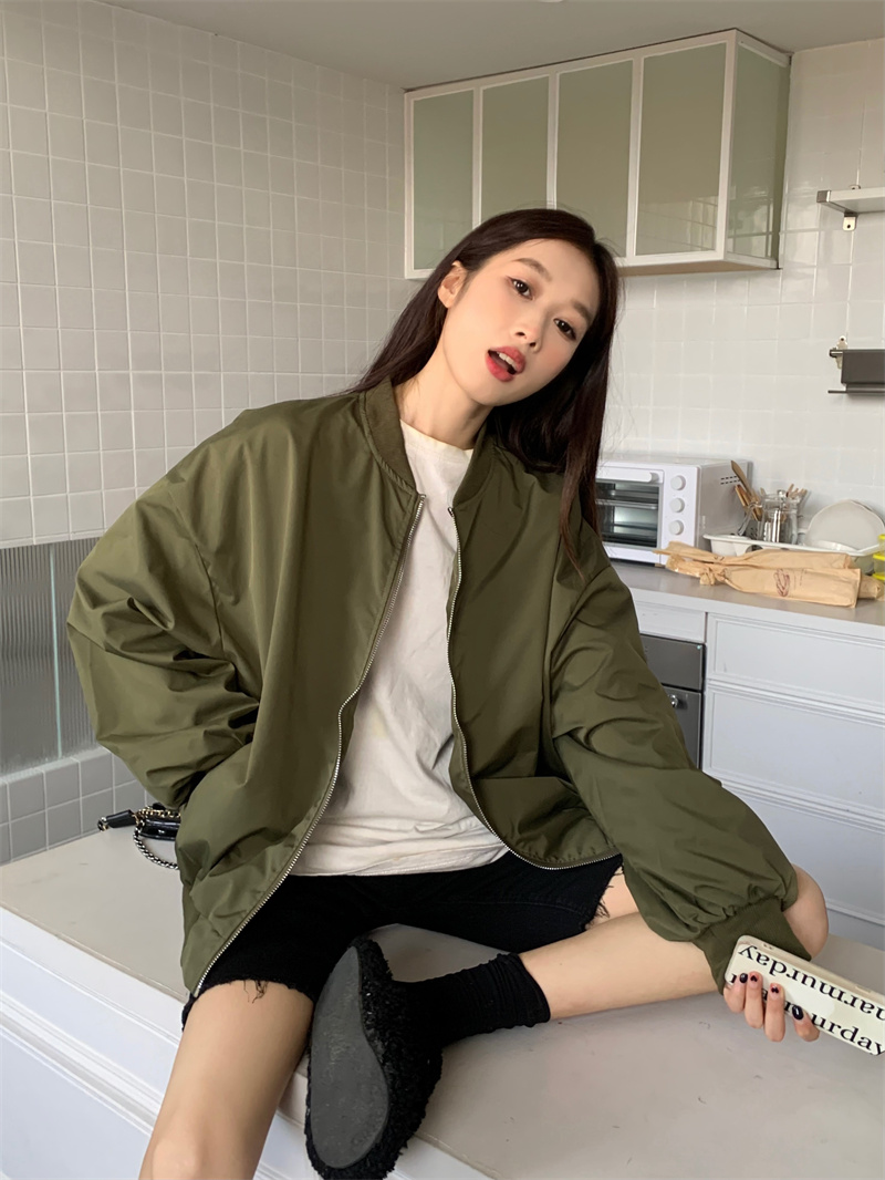 實拍 棒球服女秋冬新款休閒寬鬆立領飛行員夾克外套