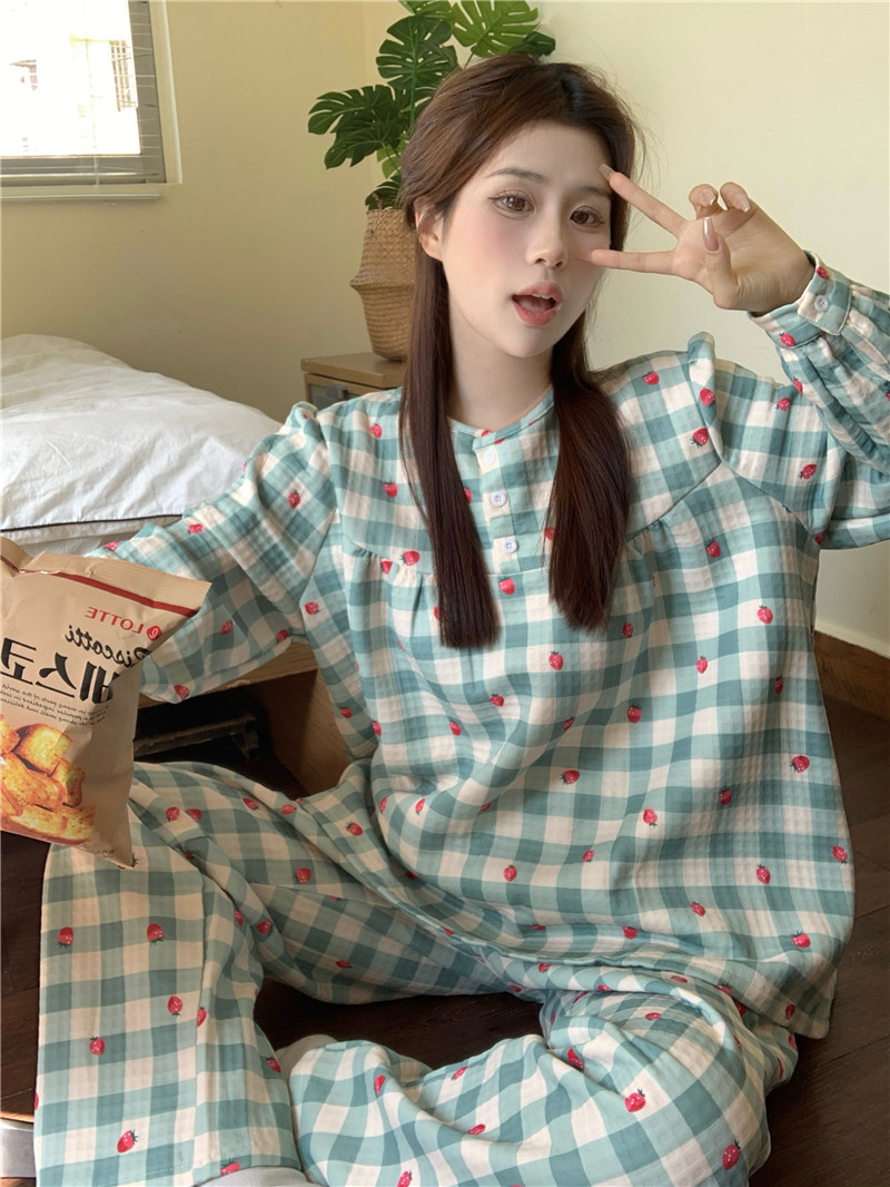 實拍韓版寬鬆休閒冬季加厚保暖太空棉華夫格可愛草莓家居服套