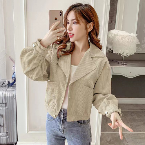 Corduroy short coat for women, spring and autumn suit collar workwear, small, loose, age-reducing, slimming, versatile jacket, top, trendy