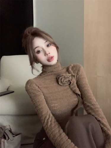 Real shot!  High collar French gentle pleated design flowery style T-shirt long-sleeved sweater