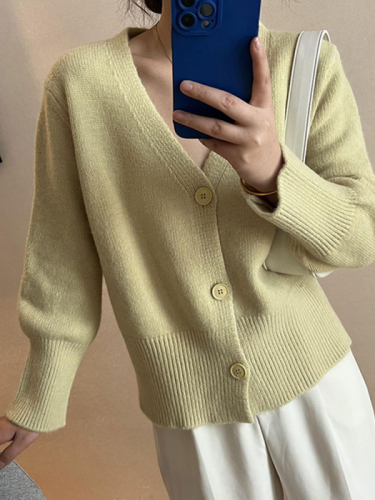 South Korea's Dongdaemun Sheep V-neck Knitted Cardigan Sweater Women's Autumn and Winter New Soft and Solid Color Versatile Top