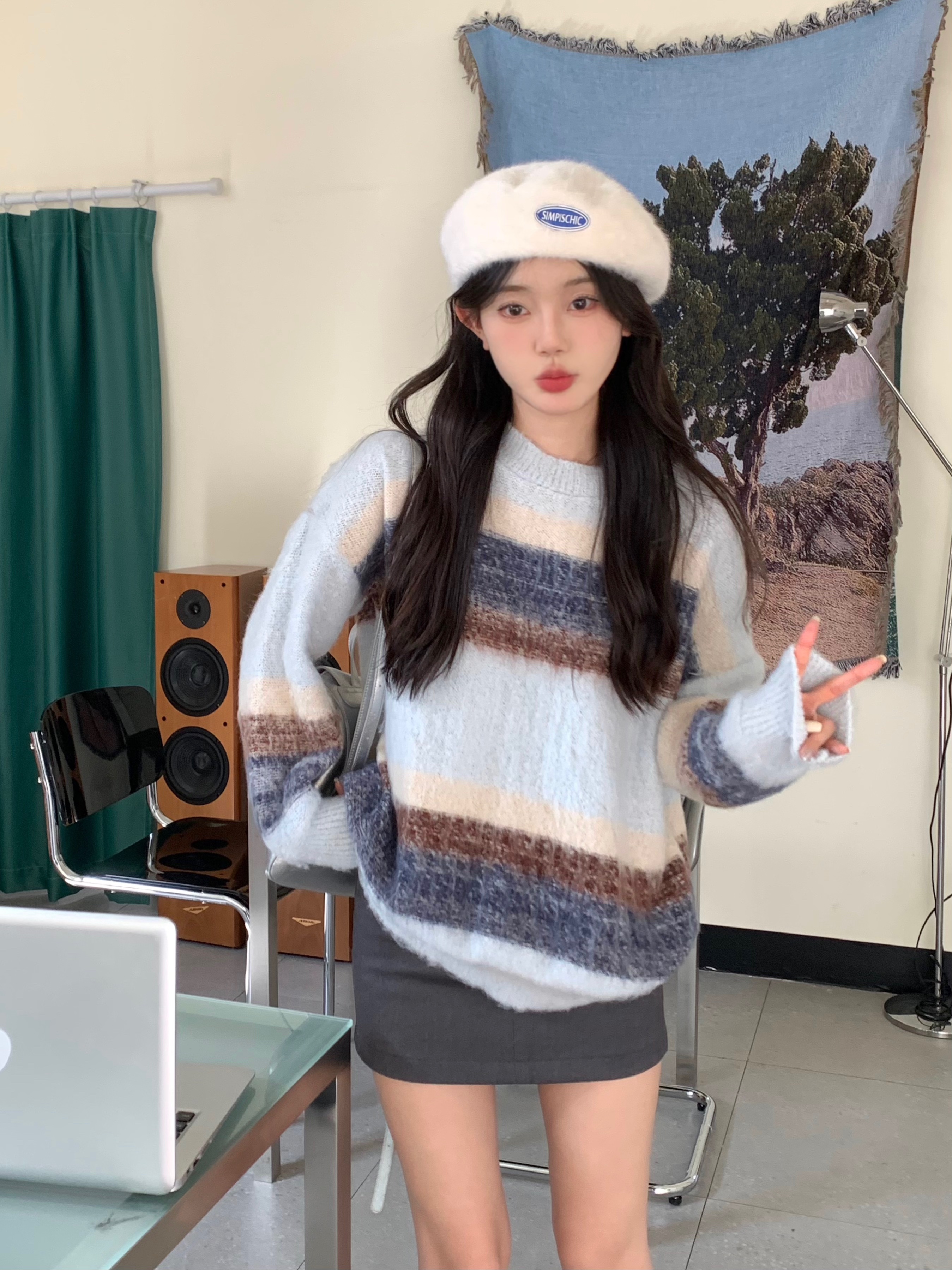 實拍慵懶風馬海毛絨毛衣秋冬鬆弛感撞色復古寬鬆圓領針織上衣