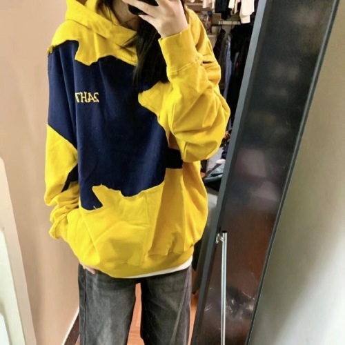 American oversize yellow hooded sweatshirt for women spring and autumn contrasting color stitching hiphop fashion brand high street couple jacket