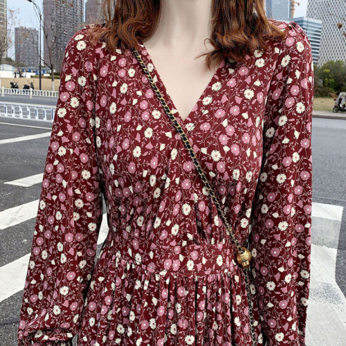 Dress for women mid-length long-sleeved spring dress floral chiffon hot mom new dress dress mid-length dress for women