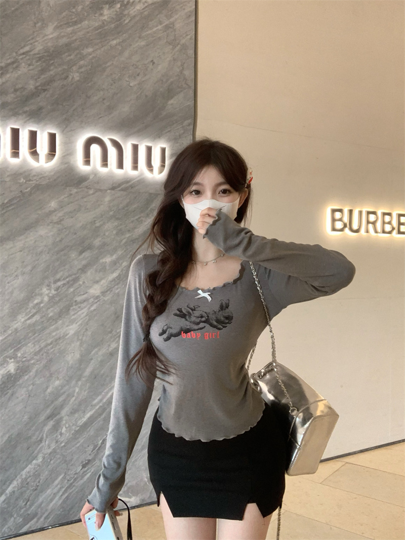 實拍 秋季新款辣妹蝴蝶結波浪邊修身上衣