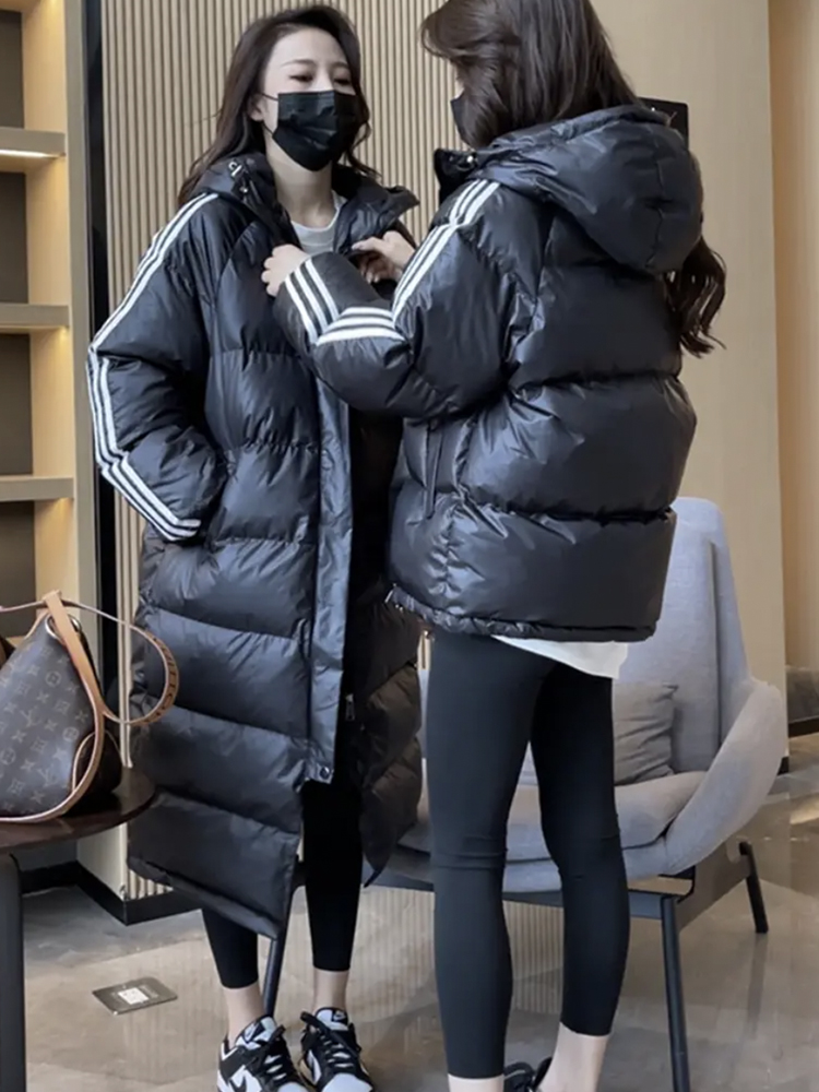 White duck down Mengtingjia sports loose Korean style down jacket for women short, medium and long three-stripe down jacket