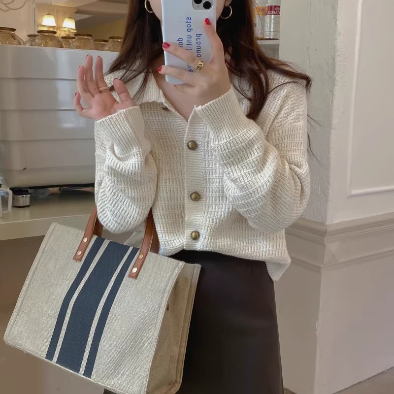 毛衣女春秋2023年新款Polo領針織開衫溫柔寬鬆打底內搭上衣短外套