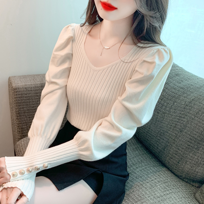 實拍2023秋冬季新款毛衣內搭修身桃心領針織衫長袖打底上衣女