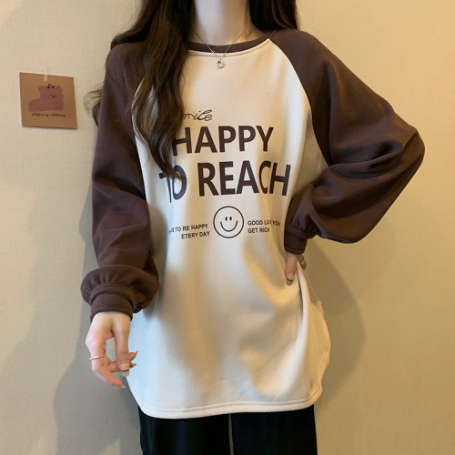 Actual shot of 380 grams Chinese cotton composite sweatshirt for women in autumn and winter plus velvet thick round neck raglan sleeve tops for women plus size