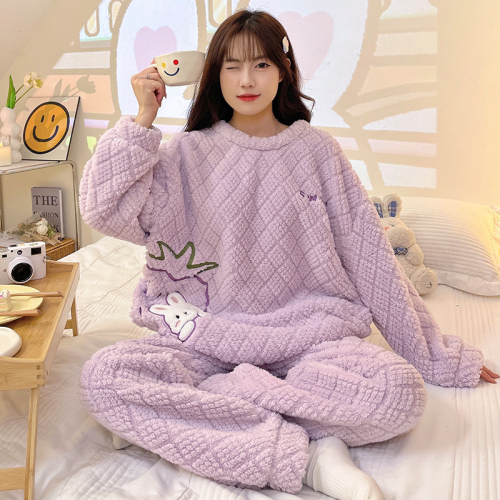 Real shot of new plush rose velvet pajamas for women winter round neck pullover suit home clothes thickened cartoon girl