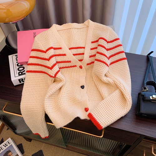 Autumn V-neck striped knitted cardigan for women, apricot waffle color-blocking short love button high-end fashionable top