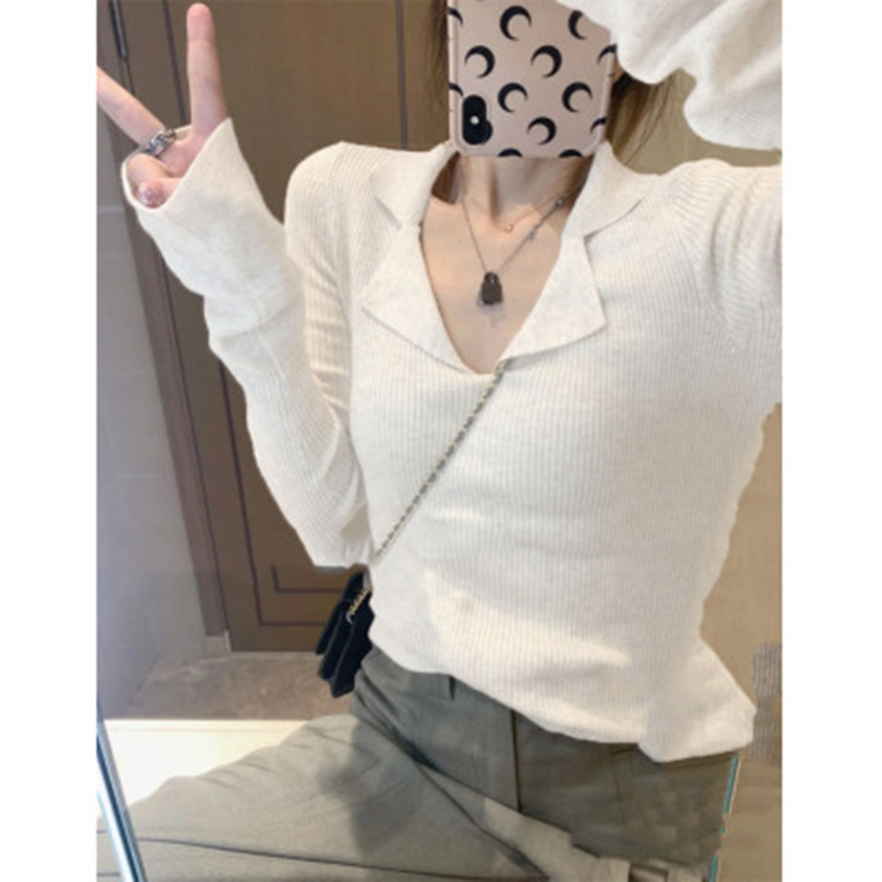 Pure lust style lapel design long-sleeved sweater for women autumn 2023 new slim fit inner layering top