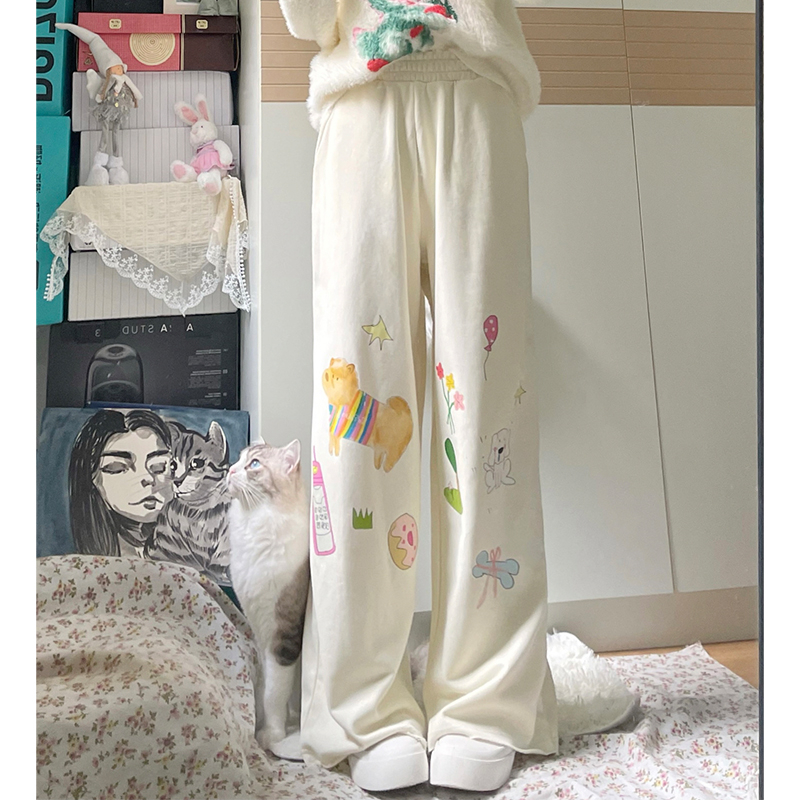 美式時尚百搭休閒拖地長褲女秋裝復古高街高腰寬鬆塗鴉闊腿褲子潮