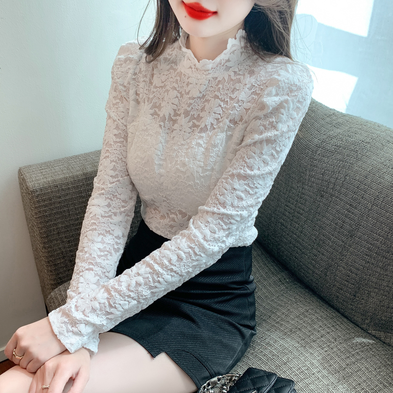 實拍2023秋冬季新品韓版蕾絲衫氣質磨毛半高領泡泡袖打底上衣