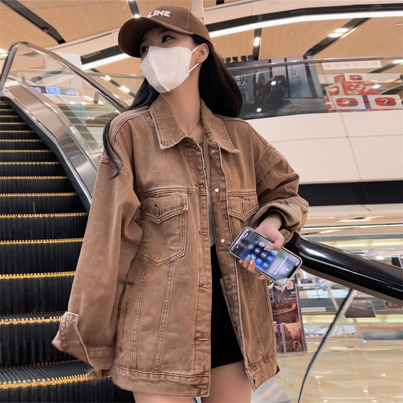 實拍~美拉德咖色水洗美式復古小眾牛仔外套男女寬鬆情侶夾克上衣