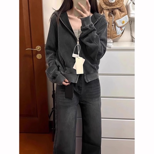 Pure cotton Chinese cotton washed retro washed distressed sweatshirt for women spring and autumn loose hooded jacket for women