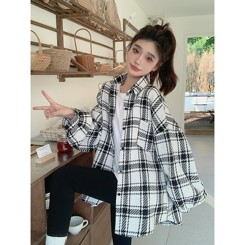 實拍  復古格子襯衫外套女秋季寬鬆慵懶加厚毛呢子上衣