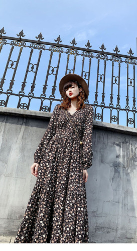 Dress for women mid-length long-sleeved spring dress floral chiffon hot mom new dress dress mid-length dress for women