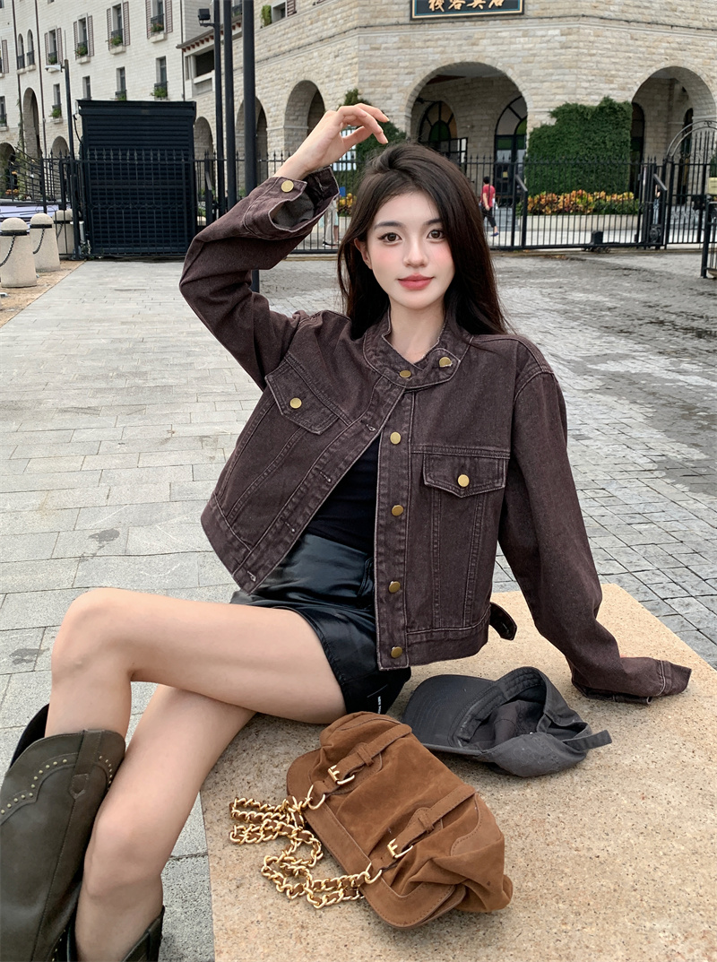 實拍~棕色牛仔外套女秋冬2023新款小個子美拉德穿搭高級感夾克