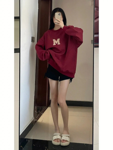 Official picture of American retro burgundy right shoulder sweatshirt for women, loose autumn and winter new style, simple and versatile BF style round neck top