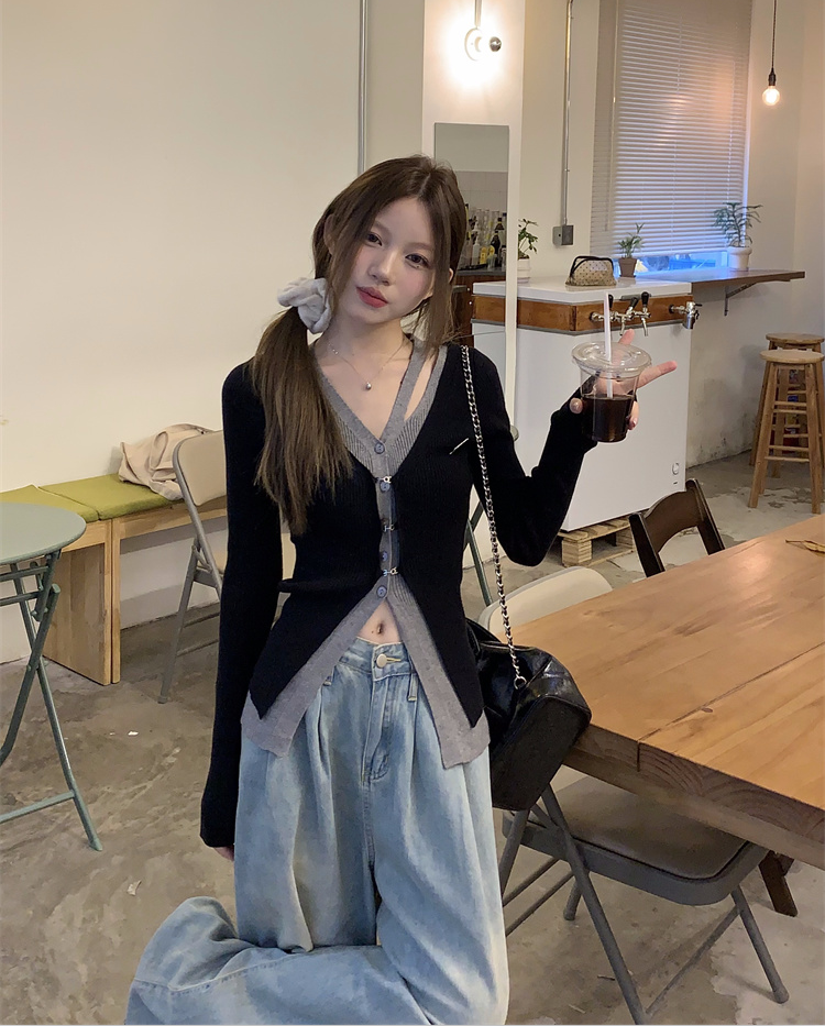 實拍~ 不規則假兩件設計感長袖針織開衫上衣女秋辣妹毛衣