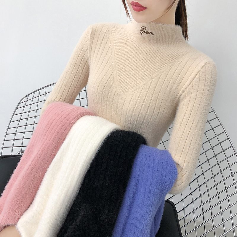 水貂絨女士毛衣女套頭2023秋冬新款上衣長袖半高領打底衫女洋氣潮