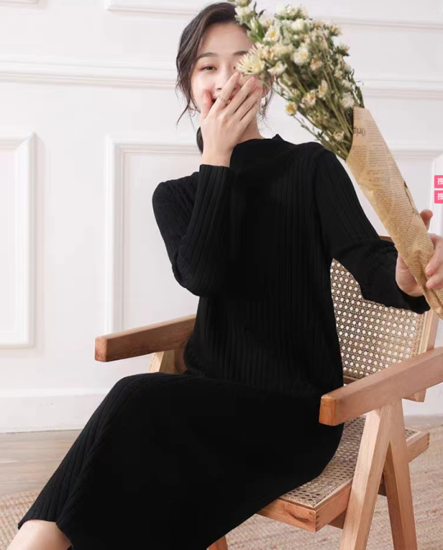 2023新款配大衣打底內搭高領長款毛衣裙黑色針織連衣裙子女秋