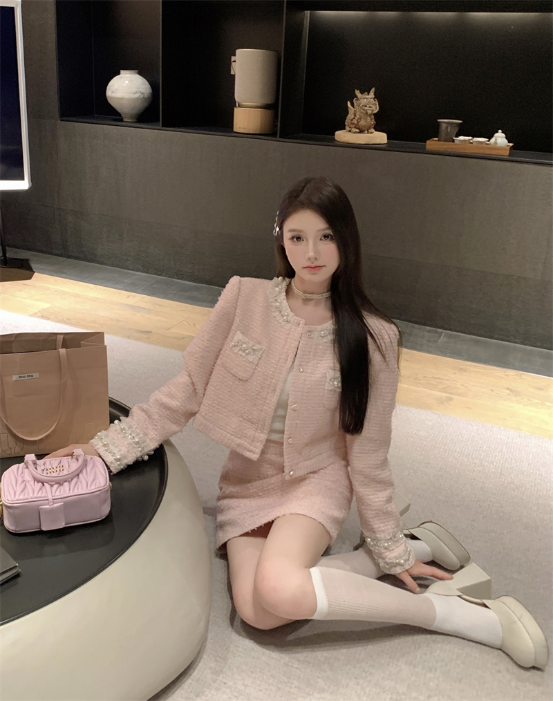實拍 精緻少女粉套裝粉色重工釘珠花邊小香風外套女秋