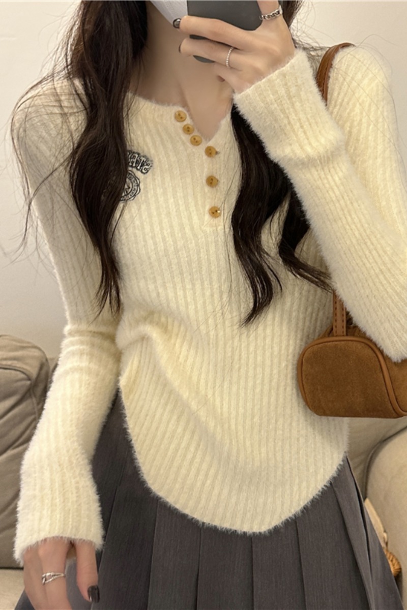 仿水貂毛刺繡針織衫毛衣女秋冬2023新款修身長袖短款內搭打底上衣