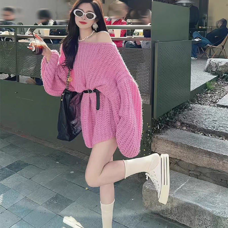 甜美風長袖針織衫女秋冬氣質露肩辣妹毛衣時尚溫柔上衣潮