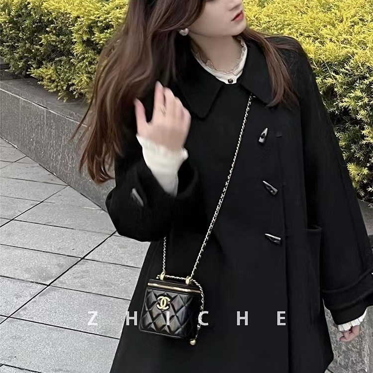 高級感紅色毛呢外套女2023秋冬新款韓版顯瘦小個子牛角扣呢子大衣
