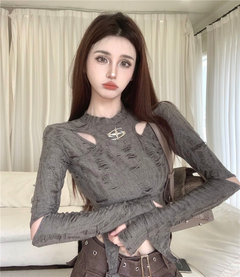 非實拍  設計感假兩件做舊破洞T恤女獨特别致秋季新款