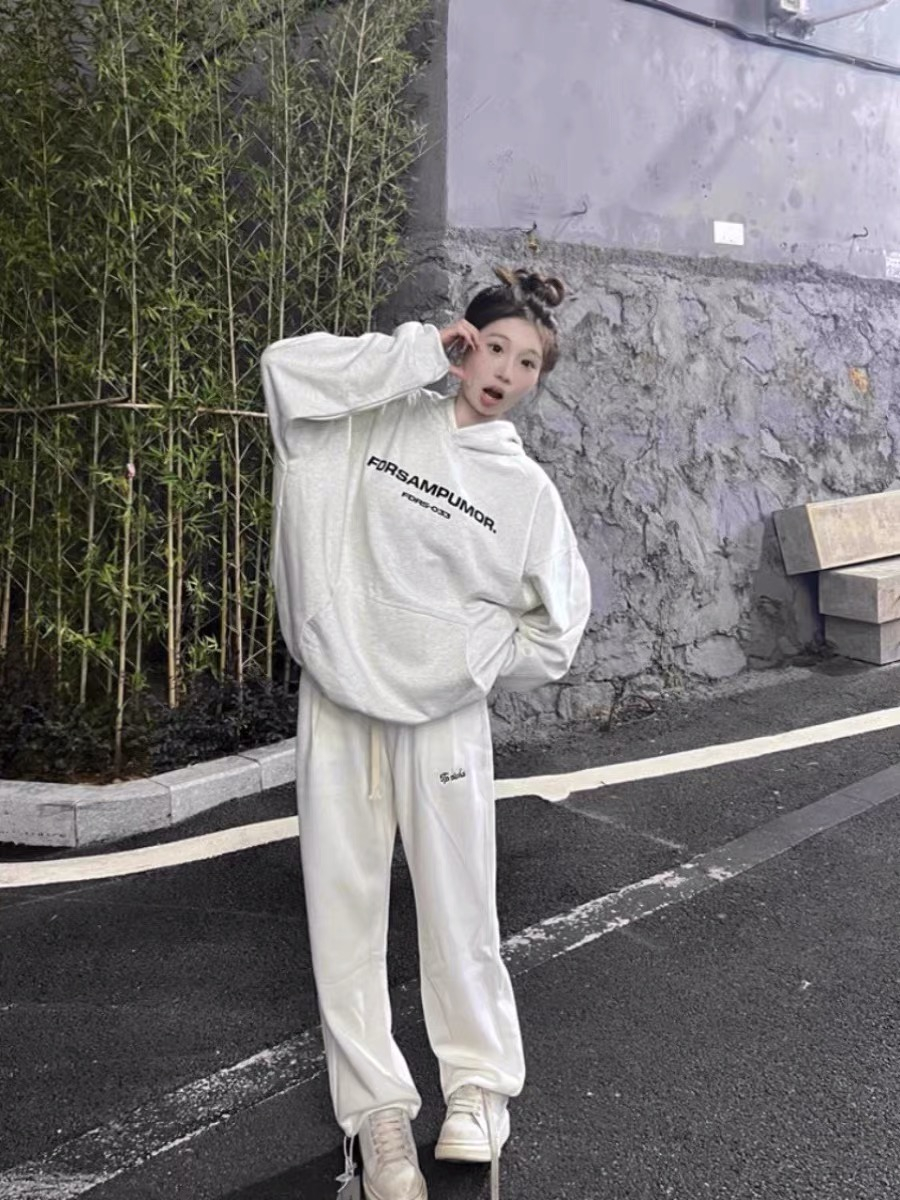 American casual sportswear suit for female students in fall, loose gray hooded cotton sweatshirt and sweatpants two-piece trendy set
