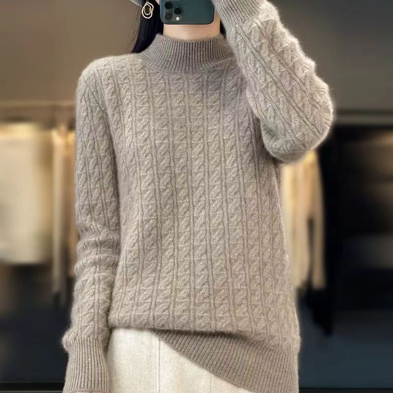 2023秋冬新款半高領加厚麻花針織衫女韓版寬鬆針織打底毛衣百搭潮
