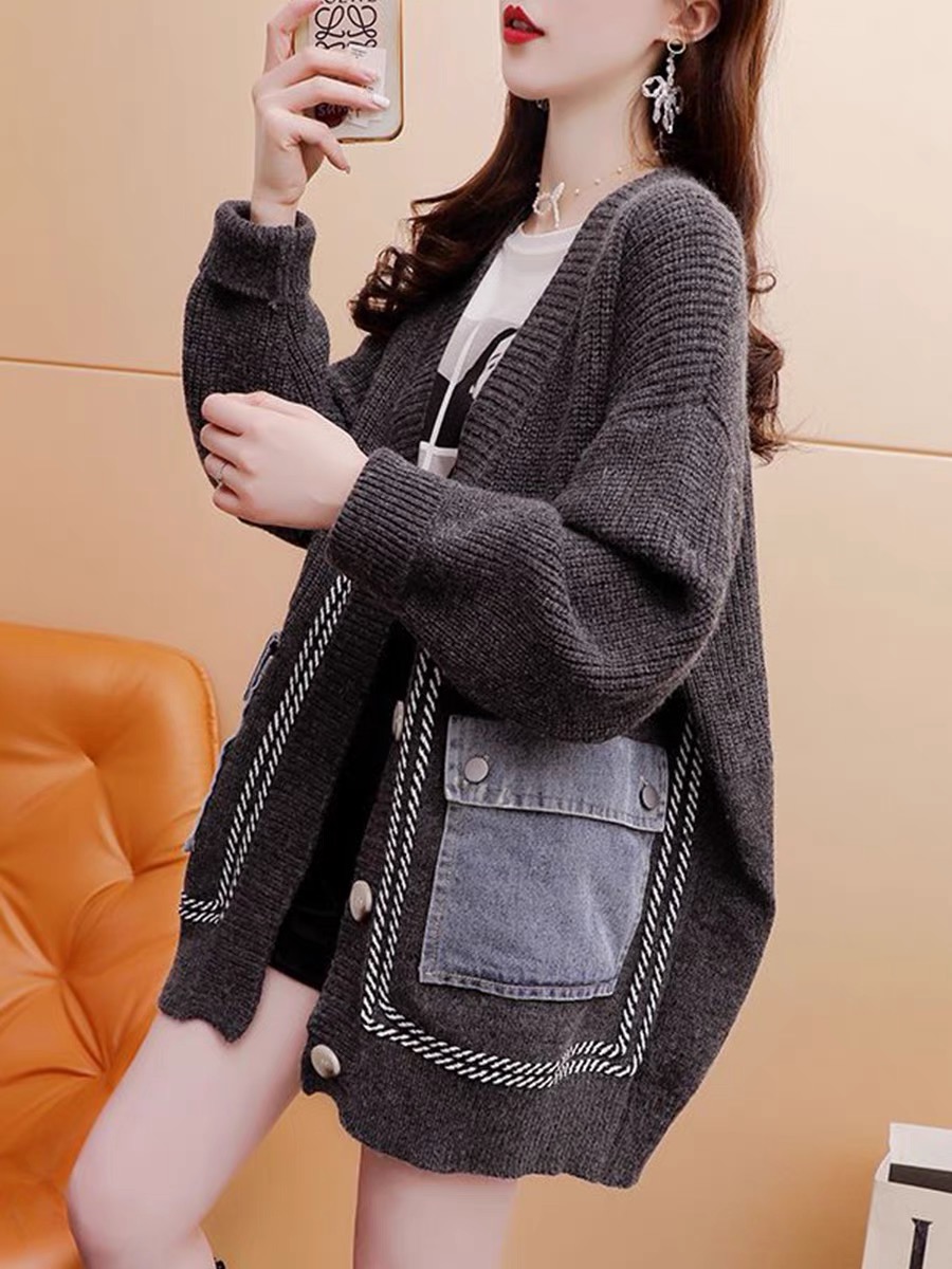 Lazy style mid-length knitted sweater jacket for women 2023 autumn and winter new Korean style casual top with western style design