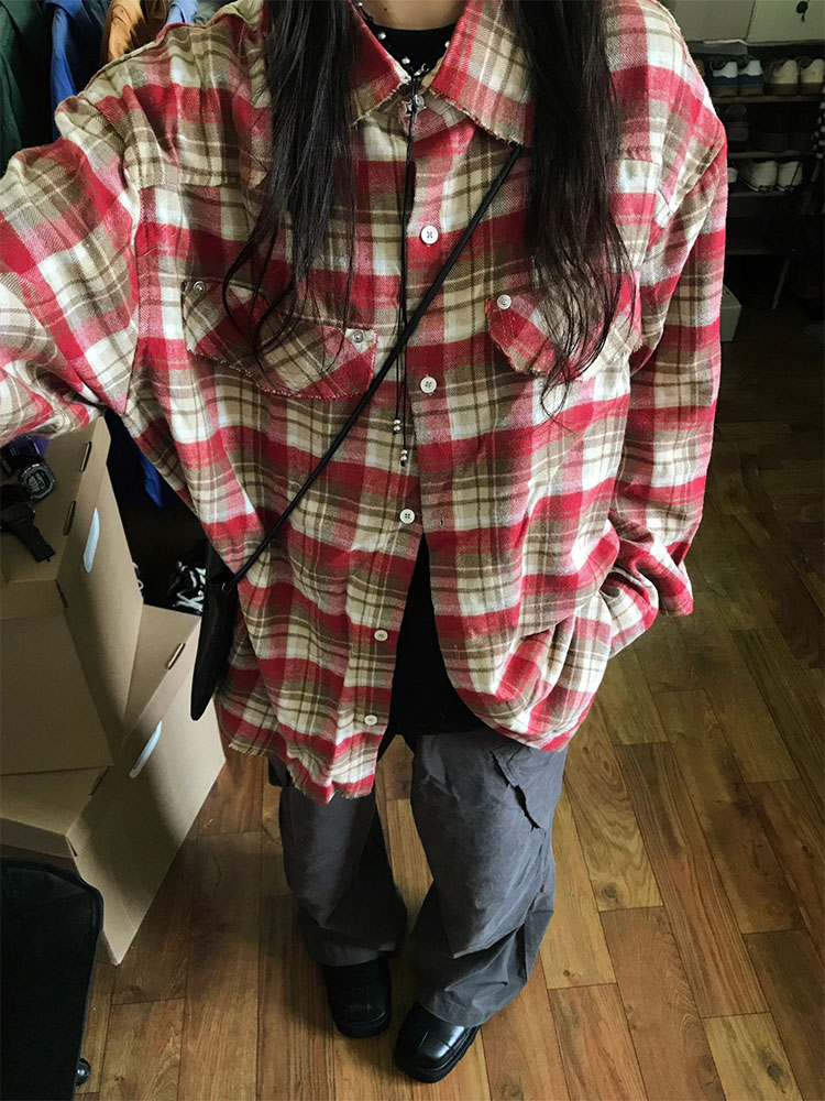 街頭復古紅色格子襯衫女秋季寬鬆單排扣情侶百搭襯衣防曬長袖外套