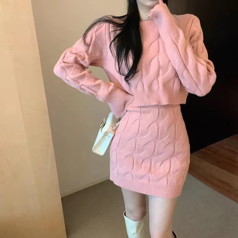 高級感名媛甜辣套裝女裝秋冬新款麻花毛衣搭配包臀裙純欲兩件套潮