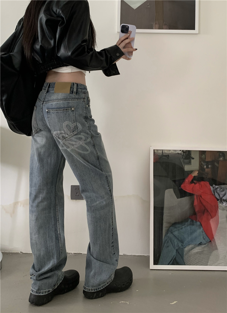 實拍！印花牛仔褲秋季復古水洗高腰寬鬆百搭闊腿長褲