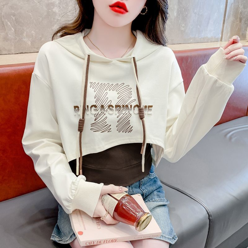 95 cotton hooded short sweatshirt women's autumn 2023 new spring and autumn age-reducing long-sleeved tops two pieces