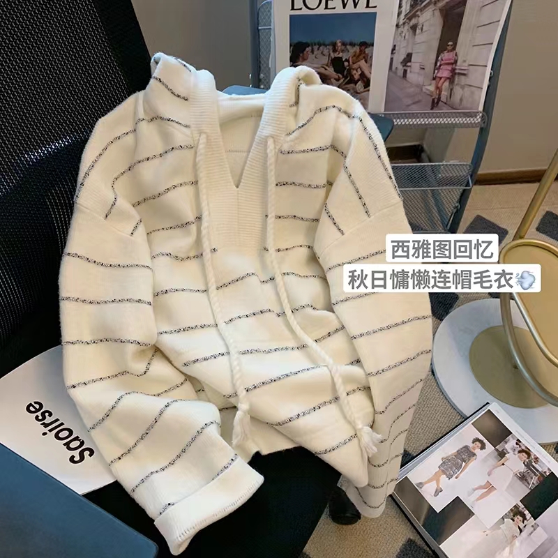 拼色條紋連帽針織衫女秋2023新款慵懶風寬鬆休閒百搭套頭毛衣外穿